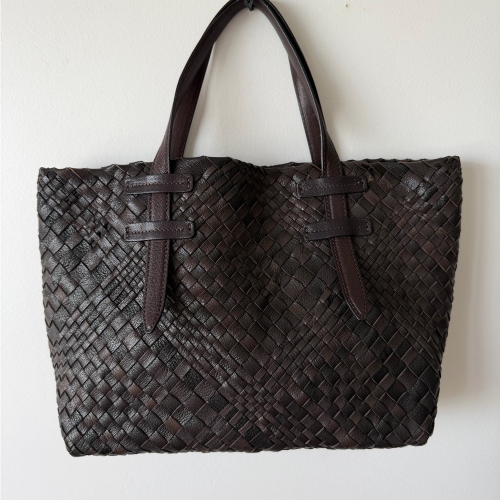New Rare  Falorni Woven Leather Tote Bag in Dark Brown